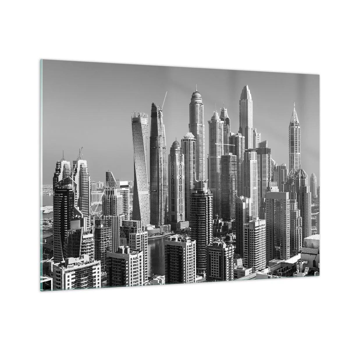 Cuadro sobre vidrio - Impresiones sobre Vidrio - Panorama en blanco y negro de los rascacielos de la ciudad - 100x70cm - Ciudad sobre el desierto - Decoración de pared moderna para salón y dormitorio ARTTOR