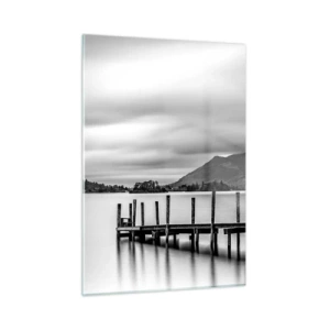 Cuadro sobre vidrio - Impresiones sobre Vidrio - Paisaje en blanco y negro con un lago y un muelle de madera. - 50x70cm - Dulzura y la fuerza - Decoración de pared moderna para salón y dormitorio ARTTOR