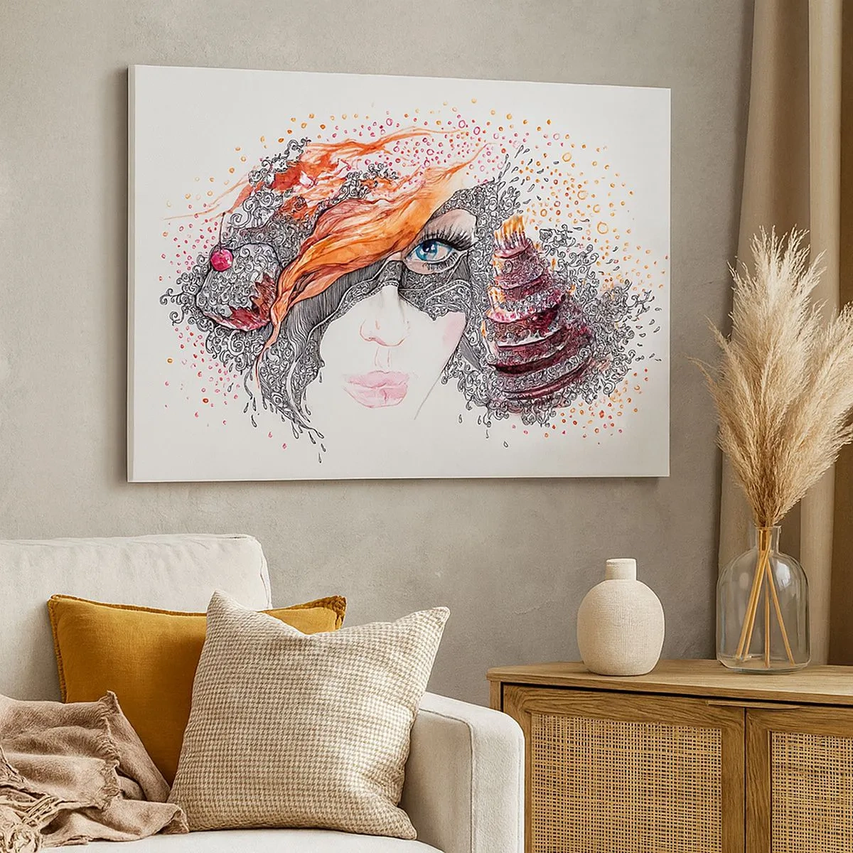Cuadro sobre lienzo - Impresión de Imagen - Retrato artístico de una mujer con detalles y acento rojo. - 70x50cm - Con ella cada día es una fiesta - Decoración de pared moderna para salón y dormitorio ARTTOR