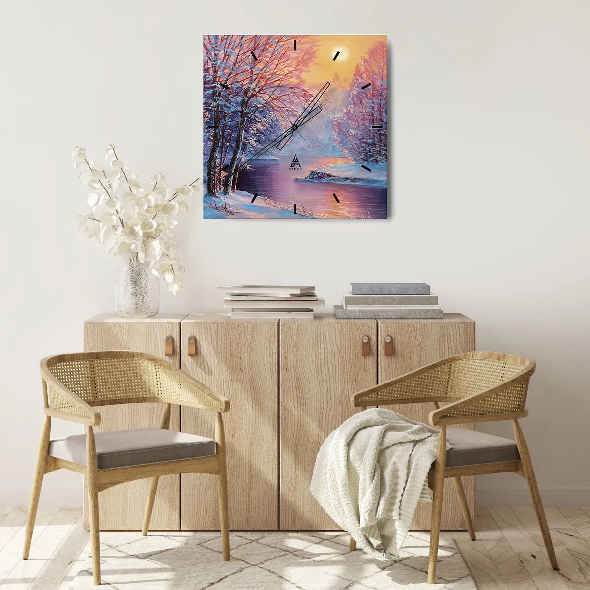 Reloj de pared - Reloj de vidrio - Paisaje invernal con río y árboles al amanecer. - 30x30cm - Colores del invierno - Decoración de pared moderna para salón y dormitorio ARTTOR
