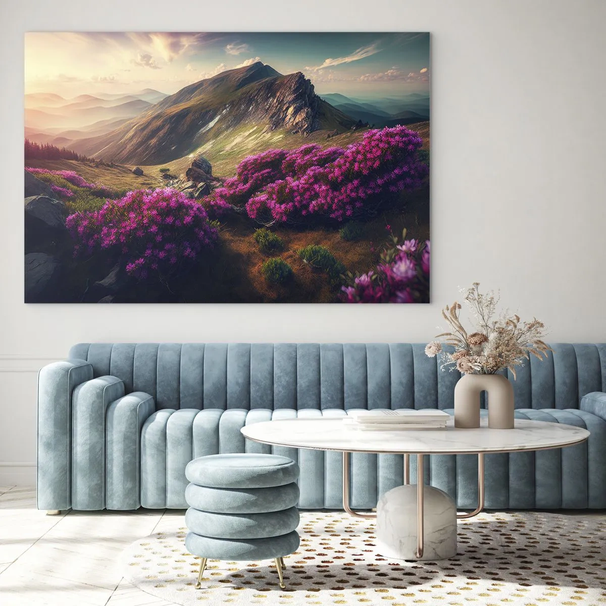Cuadro sobre vidrio - Impresiones sobre Vidrio - Paisaje de montaña de verano con brezos rosados en flor - 70x50cm - Verano en las montañas - Decoración de pared moderna para salón y dormitorio ARTTOR