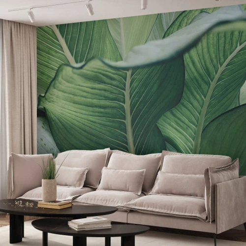 Fotomural Premium Sand - Primer plano de grandes hojas verdes de una planta tropical. - 100x70cm - Vida intensamente verde - Decoración de pared moderna para salón y dormitorio ARTTOR