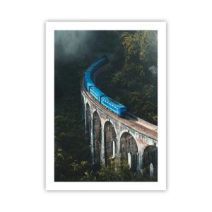 Póster - Un tren azul pasando por un pintoresco viaducto. - 50x70cm - Vías sobre la naturaleza - Decoración de pared moderna para salón y dormitorio ARTTOR