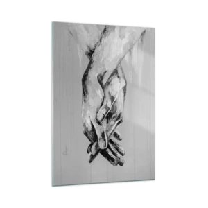 Cuadro sobre vidrio - Impresiones sobre Vidrio - Pintura en blanco y negro de dos manos que se extienden una hacia la otra. - 50x70cm - El comienzo... - Decoración de pared moderna para salón y dormitorio ARTTOR