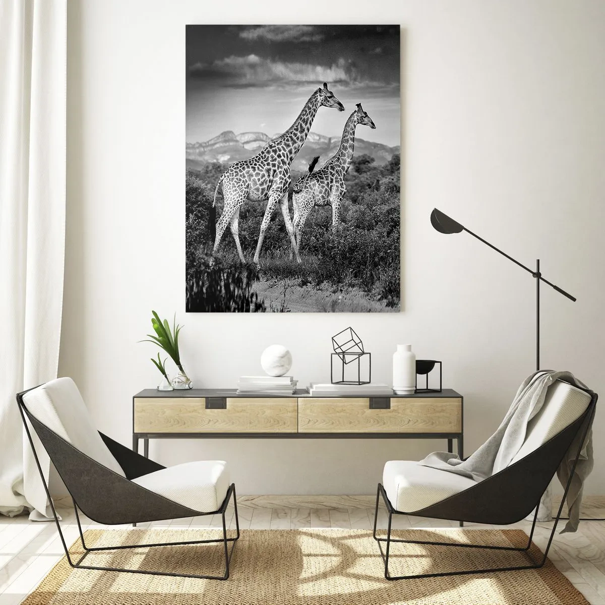 Cuadro sobre vidrio - Impresiones sobre Vidrio - Una fotografía en blanco y negro de dos jirafas en la sabana. - 50x70cm - La clase alta de África - Decoración de pared moderna para salón y dormitorio ARTTOR