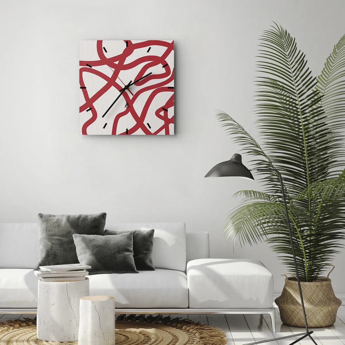 Reloj de pared - Reloj de vidrio - Rojo sobre blanco - 30x30 cm