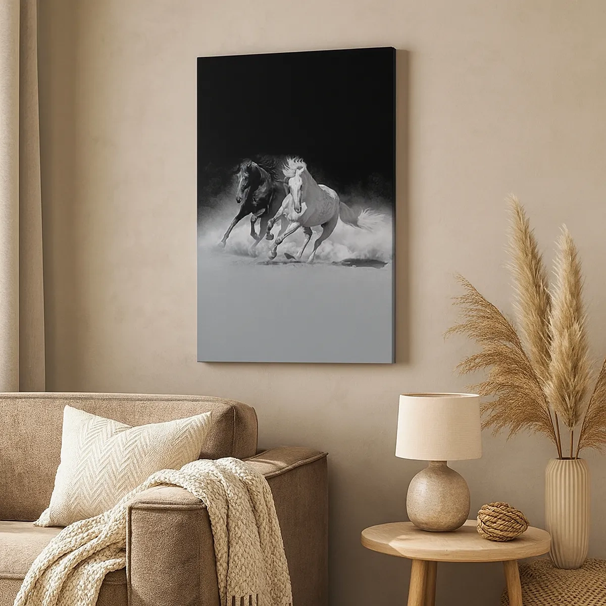 Cuadro sobre lienzo - Impresión de Imagen - Caballos corriendo en blanco y negro - 50x70cm - El galope de la libertad - Decoración de pared moderna para salón y dormitorio ARTTOR