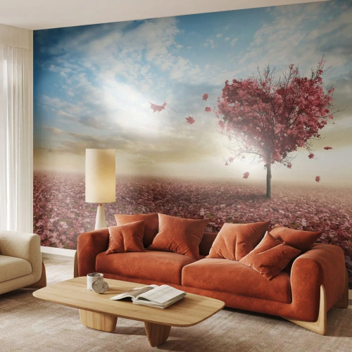 Fotomural Premium Sand - Un árbol en forma de corazón contra un paisaje otoñal. - 100x70cm - Amor de otoño - Decoración de pared moderna para salón y dormitorio ARTTOR