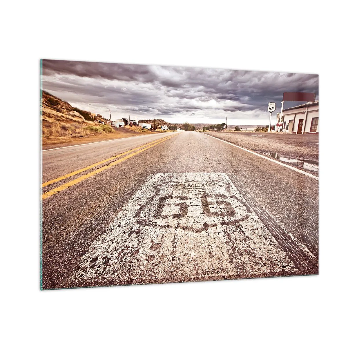Cuadro sobre vidrio - Impresiones sobre Vidrio - Ruta 66 con vista al horizonte - 100x70cm - Mother Road: una leyenda americana - Decoración de pared moderna para salón y dormitorio ARTTOR