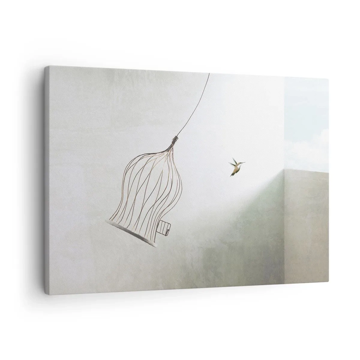 Cuadro sobre lienzo - Impresión de Imagen - Un pájaro liberado de una jaula con el cielo brillante como telón de fondo. - 70x50cm - Aquí debo estar - Decoración de pared moderna para salón y dormitorio ARTTOR