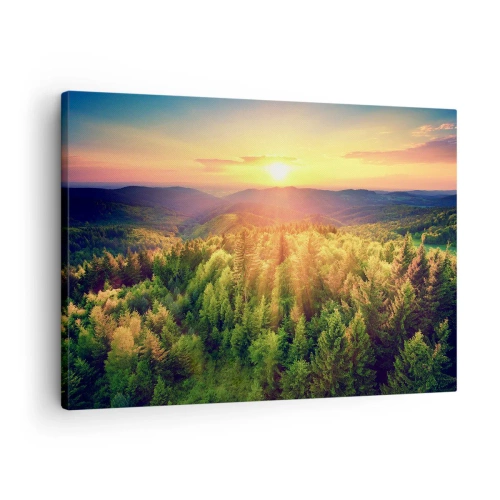 Cuadro sobre lienzo - Impresión de Imagen - Paisaje forestal con puesta de sol sobre las colinas - 70x50cm - Desde lo alto - Decoración de pared moderna para salón y dormitorio ARTTOR