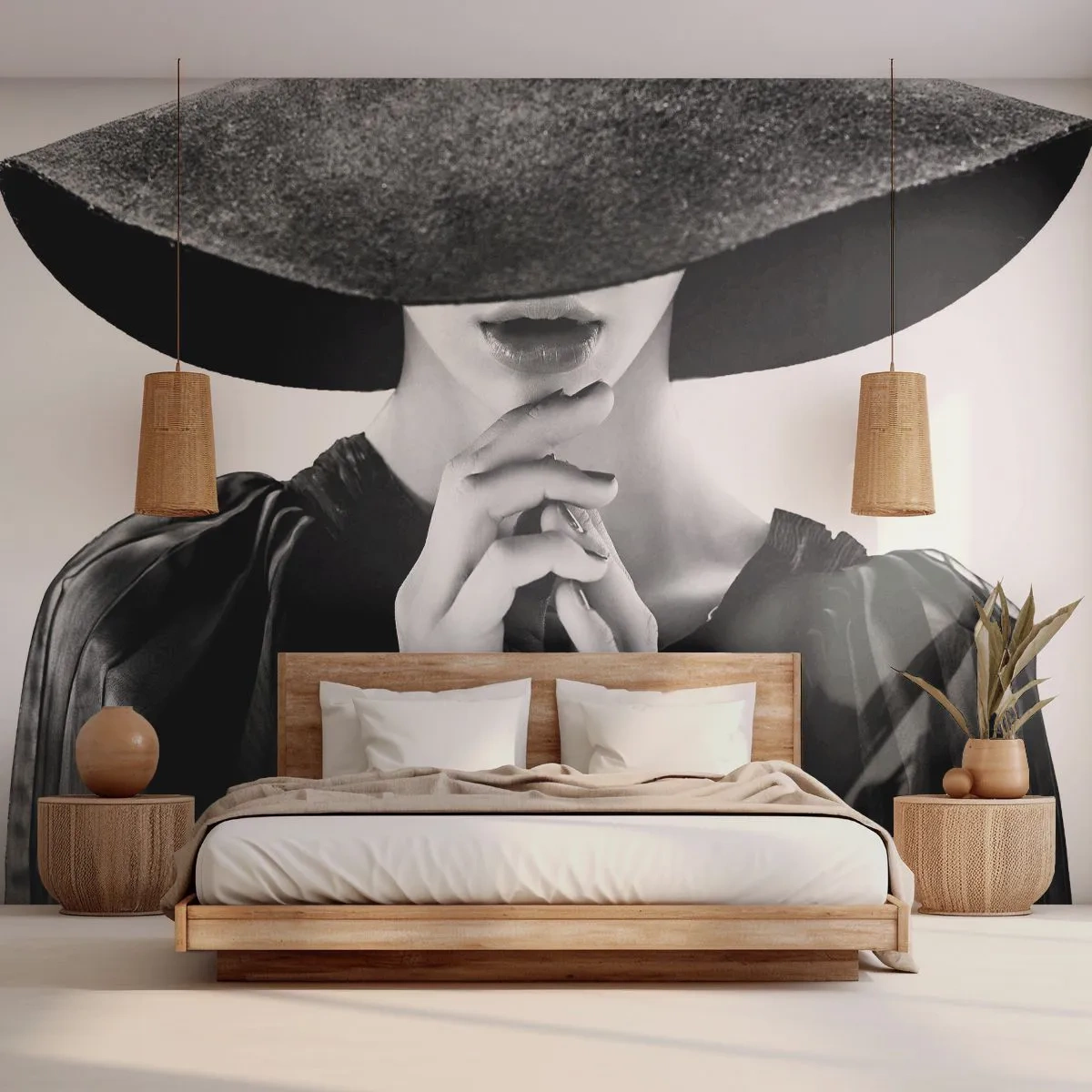 Fotomural Premium Canvas - Mujer elegante con un gran sombrero en tonos blanco y negro. - 100x70cm - Belleza oculta - Decoración de pared moderna para salón y dormitorio ARTTOR