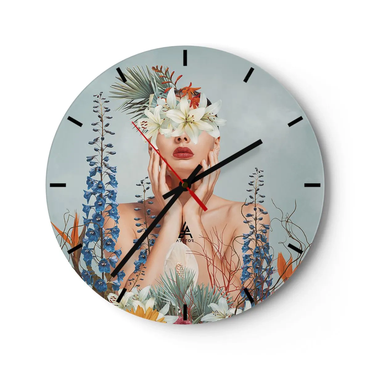 Reloj de pared - Reloj de vidrio - Mujer-flor - 40x40 cm