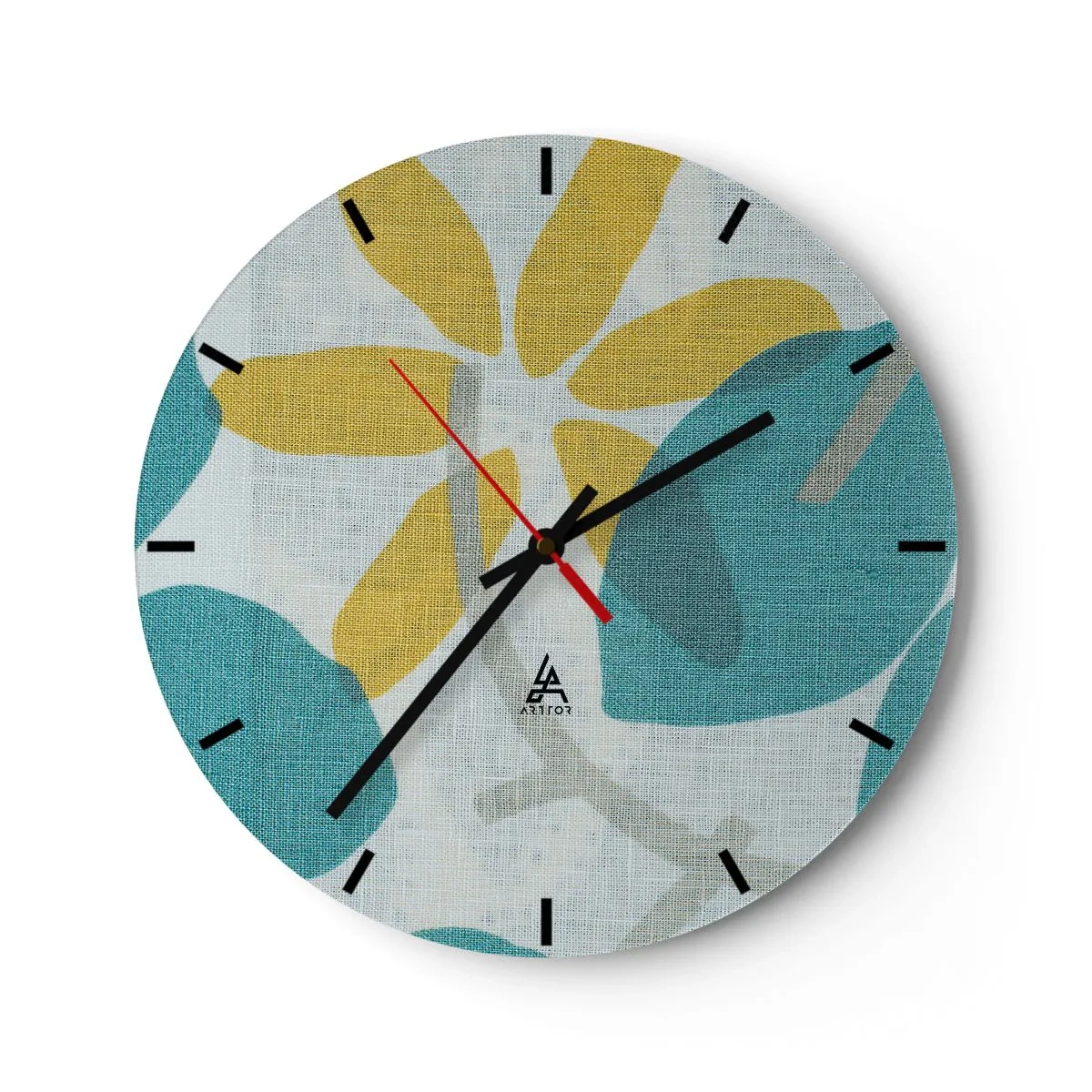 Reloj de pared - Reloj de vidrio - Hojas amarillas y turquesas sobre un fondo claro con textura de lino. - 30x30cm - Entre hojas azules - Decoración de pared moderna para salón, cocina y dormitorio ARTTOR