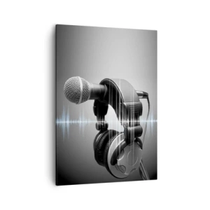 Cuadro sobre lienzo - Impresión de Imagen - Micrófono y auriculares con visualización de ondas sonoras de fondo. - 50x70cm - Todavía se puede escuchar el canto - Decoración de pared moderna para salón y dormitorio ARTTOR