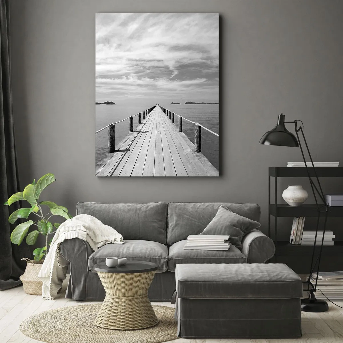 Cuadro sobre lienzo - Impresión de Imagen - Un muelle de madera que se pierde en la distancia sobre un mar en calma. - 70x100cm - Hora de viajar - Decoración de pared moderna para salón y dormitorio ARTTOR