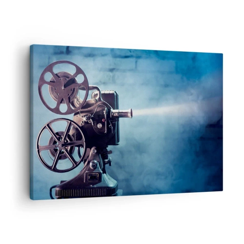 Cuadro sobre lienzo - Impresión de Imagen - Un antiguo proyector de películas que proyecta luz sobre un fondo azul. - 70x50cm - En el antiguo cine - Decoración de pared moderna para salón y dormitorio ARTTOR