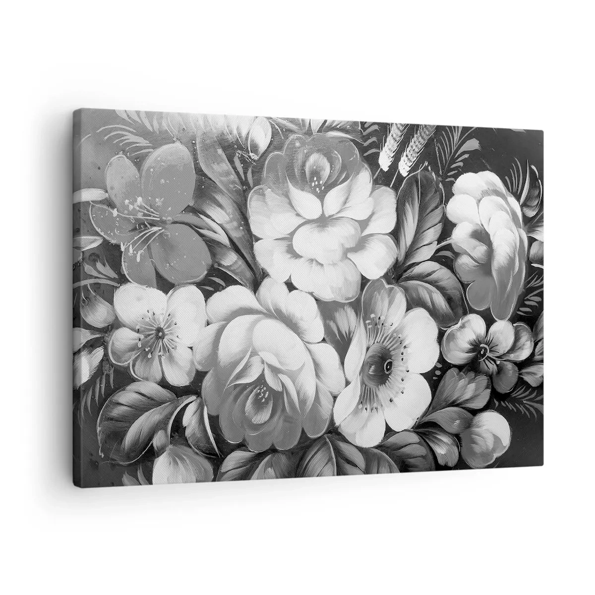 Cuadro sobre lienzo - Impresión de Imagen - Flores en blanco y negro en una composición clásica y elegante. - 70x50cm - Hermoso incluso en el gris - Decoración de pared moderna para salón y dormitorio ARTTOR