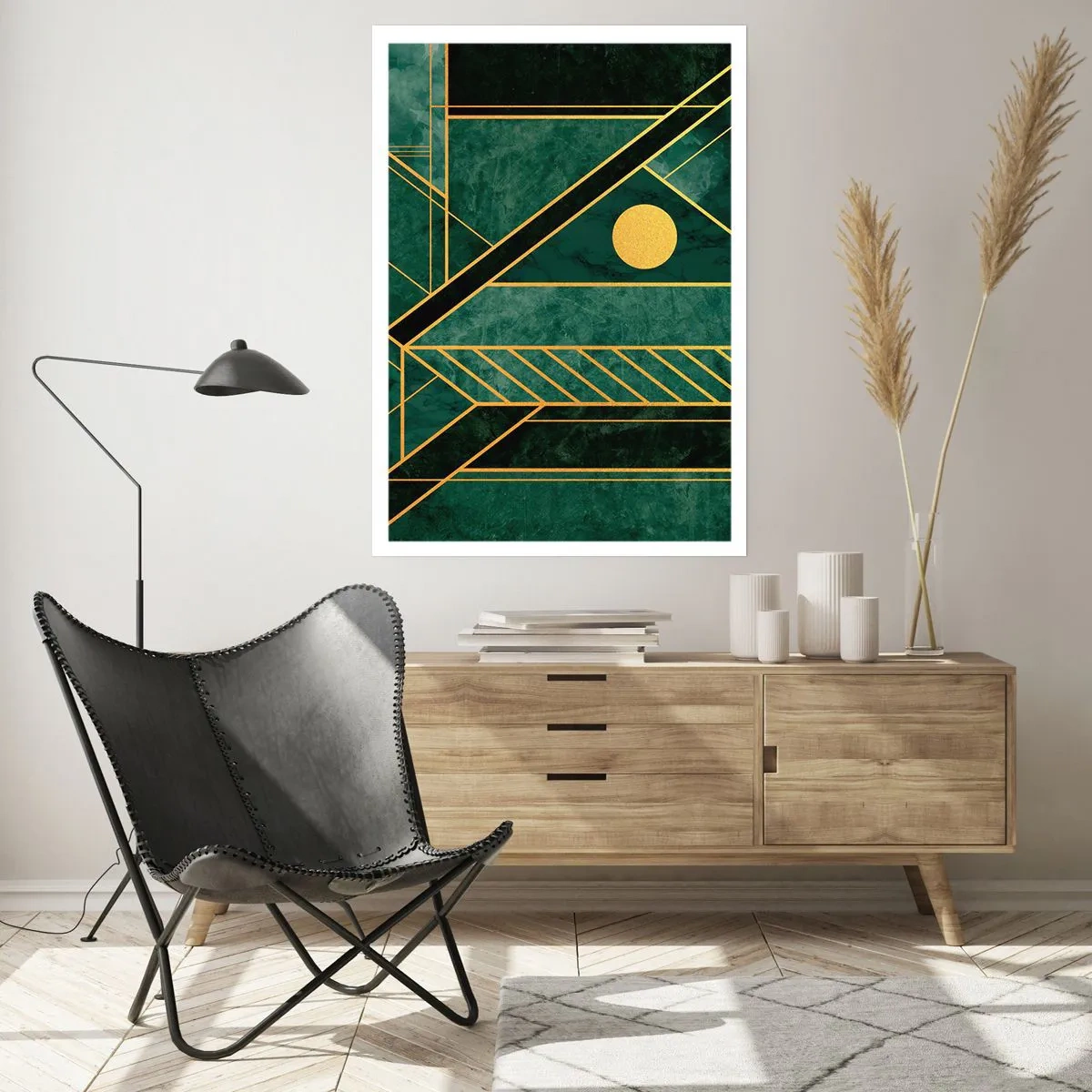 Póster - Abstracción geométrica en verde con acentos dorados. - 50x70cm - La dinámica del oro y el azul - Decoración de pared moderna para salón y dormitorio ARTTOR