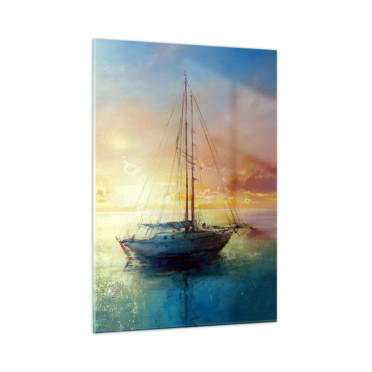 Cuadro sobre vidrio - Impresiones sobre Vidrio - Un velero en un mar tranquilo durante una puesta de sol dorada. - 50x70cm - En una bahía dorada - Decoración de pared moderna para salón y dormitorio ARTTOR