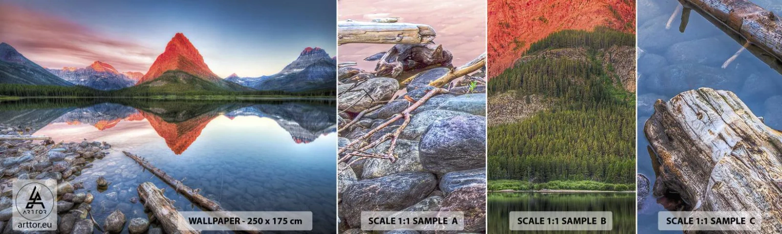 Muestra de fotomural autoadhesivo Deluxe Sticker - Cálido y frío - Paisaje, Montañas, Bosque - 100x30 cm