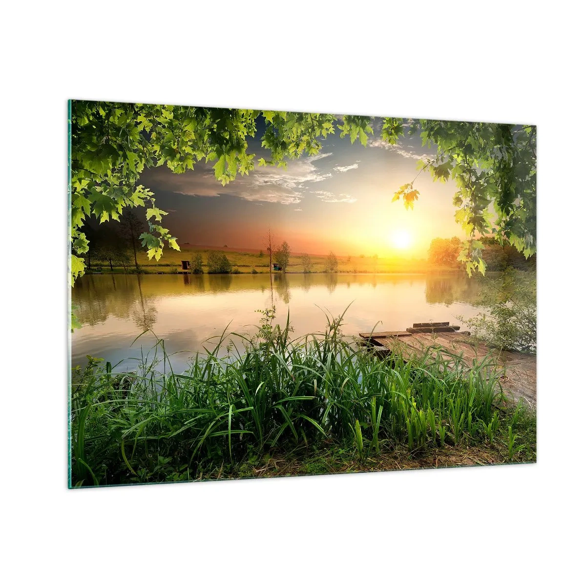 Cuadro sobre vidrio - Impresiones sobre Vidrio - Paisaje con un lago rodeado de vegetación al atardecer - 100x70cm - Paisaje en un marco verde - Decoración de pared moderna para salón y dormitorio ARTTOR