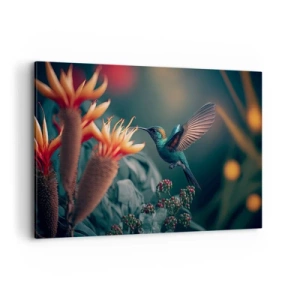 Cuadro sobre lienzo - Impresión de Imagen - Un colibrí colorido junto a las flores contra un fondo natural. - 120x80cm - Una vida verdaderamente colorida - Decoración de pared moderna para salón y dormitorio ARTTOR