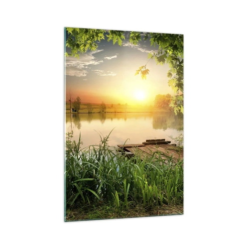 Cuadro sobre vidrio - Impresiones sobre Vidrio - Paisaje verde con un lago al atardecer - 70x100cm - Paisaje en un marco verde - Decoración de pared moderna para salón y dormitorio ARTTOR