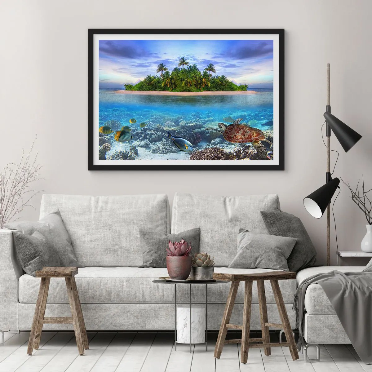 Póster en marco negro - Una isla tropical rodeada de un océano turquesa con un arrecife de coral y peces. - 70x50cm - Una isla paradisíaca te invita - Decoración de pared moderna para salón y dormitorio ARTTOR