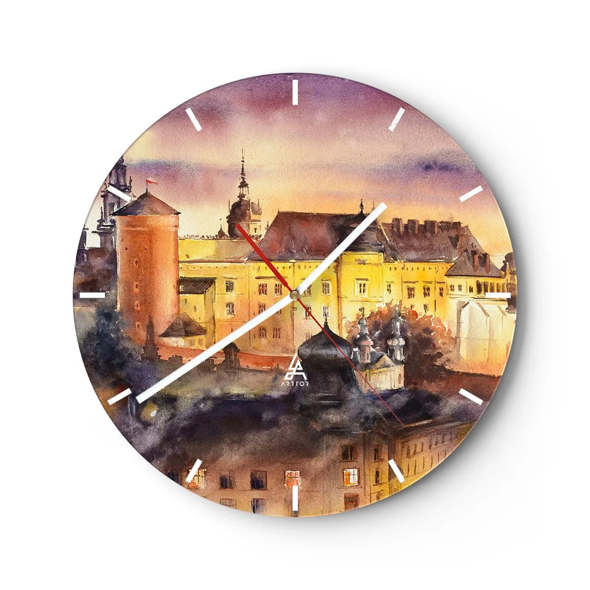 Reloj de pared - Reloj de vidrio - Un castillo al atardecer en cálidos colores de acuarela. - 30x30cm - Una historia y un cuento - Decoración de pared moderna para salón, cocina y dormitorio ARTTOR