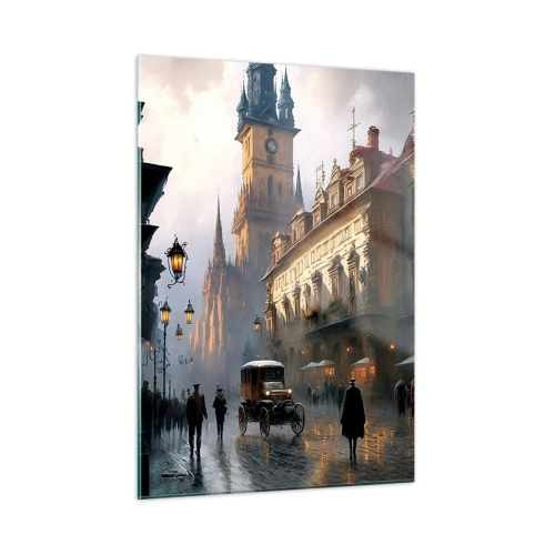 Cuadro sobre vidrio - Impresiones sobre Vidrio - Una calle histórica iluminada por faroles al anochecer - 50x70cm - La magia de una noche de Praga - Decoración de pared moderna para salón y dormitorio ARTTOR