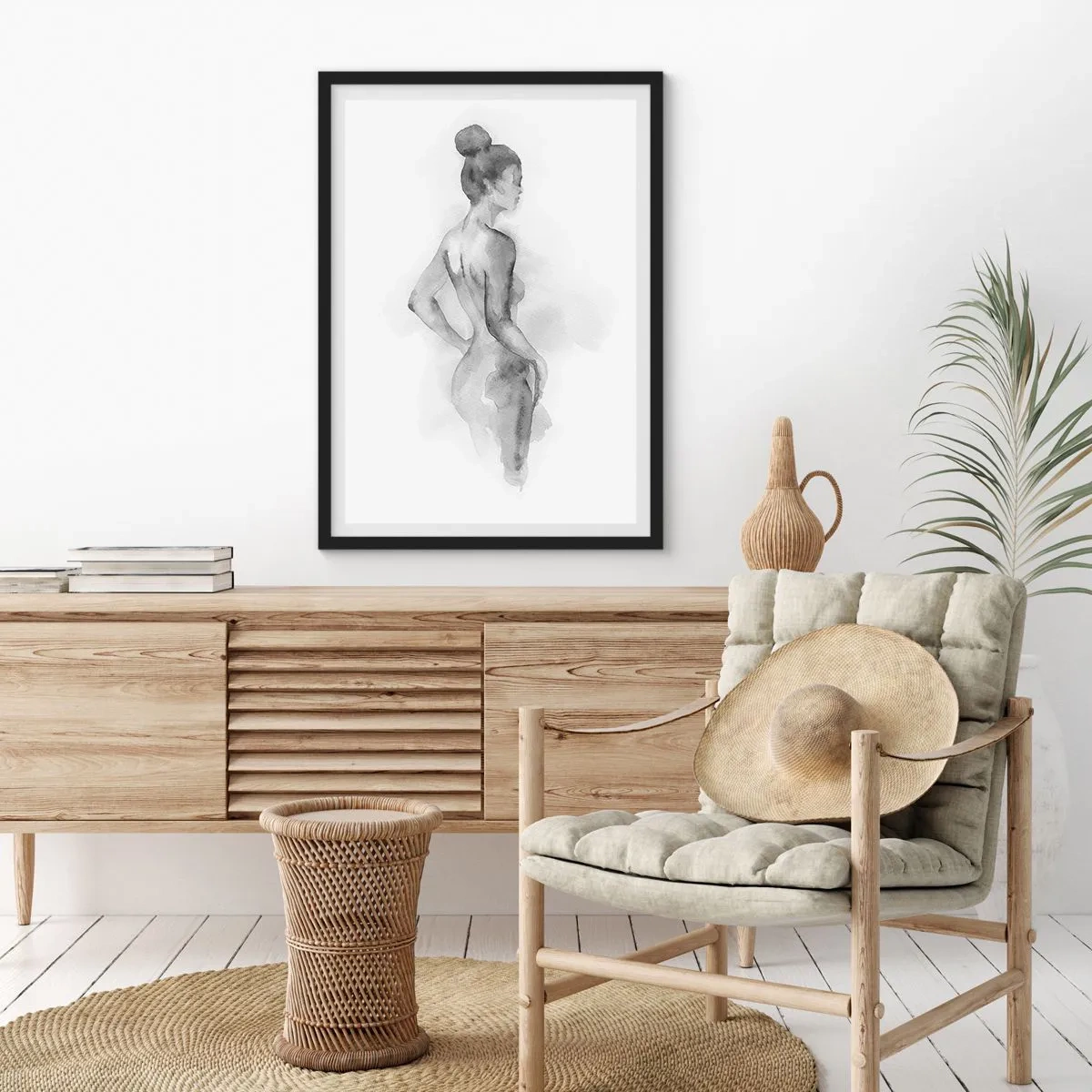 Póster en marco negro - Un sutil retrato en acuarela de una mujer en tonos de gris. - 50x70cm - Tan hermosa como la pintura - Decoración de pared moderna para salón y dormitorio ARTTOR