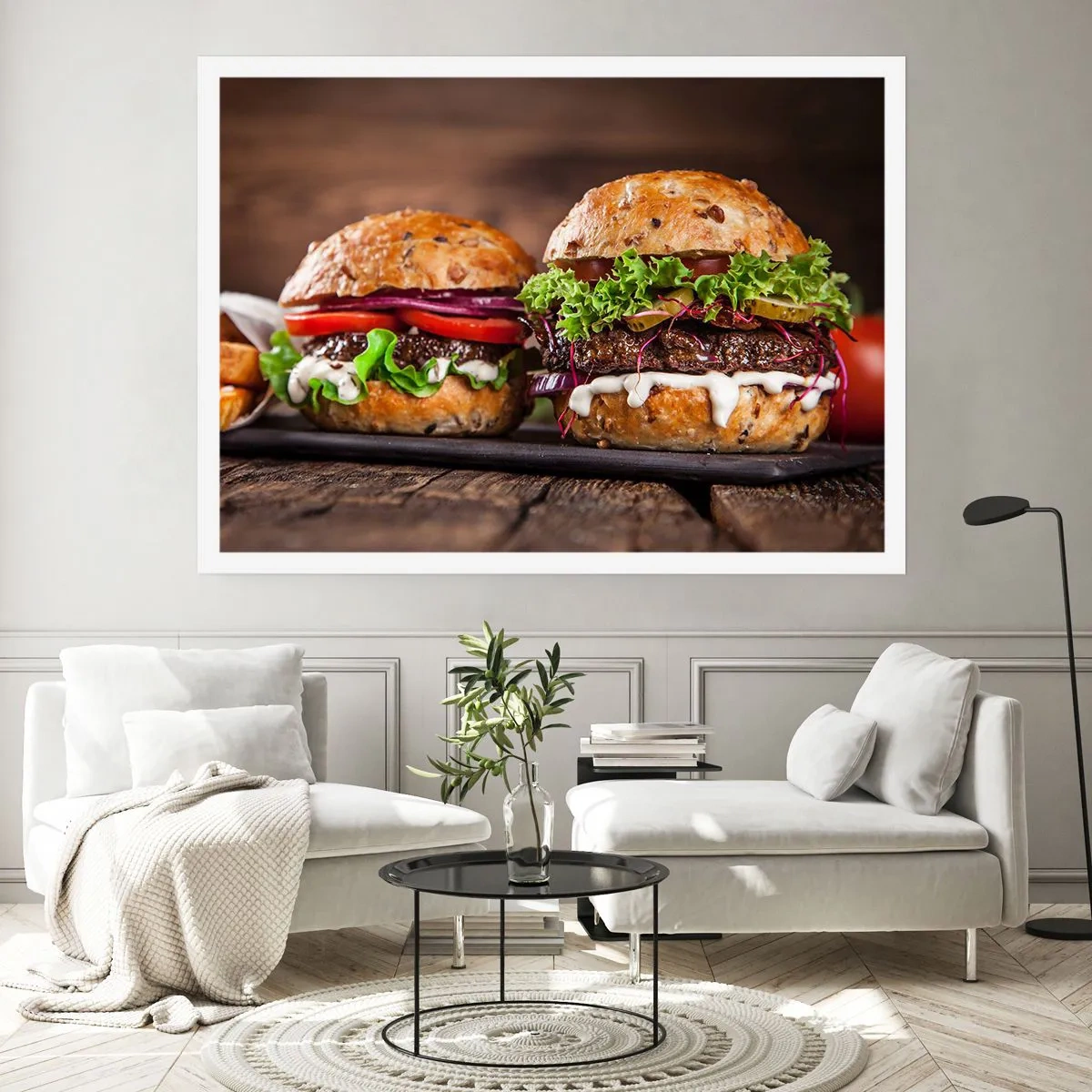 Póster - Deliciosas hamburguesas con verduras y salsa. - 100x70cm - El sueño americano - Decoración de pared moderna para salón y dormitorio ARTTOR