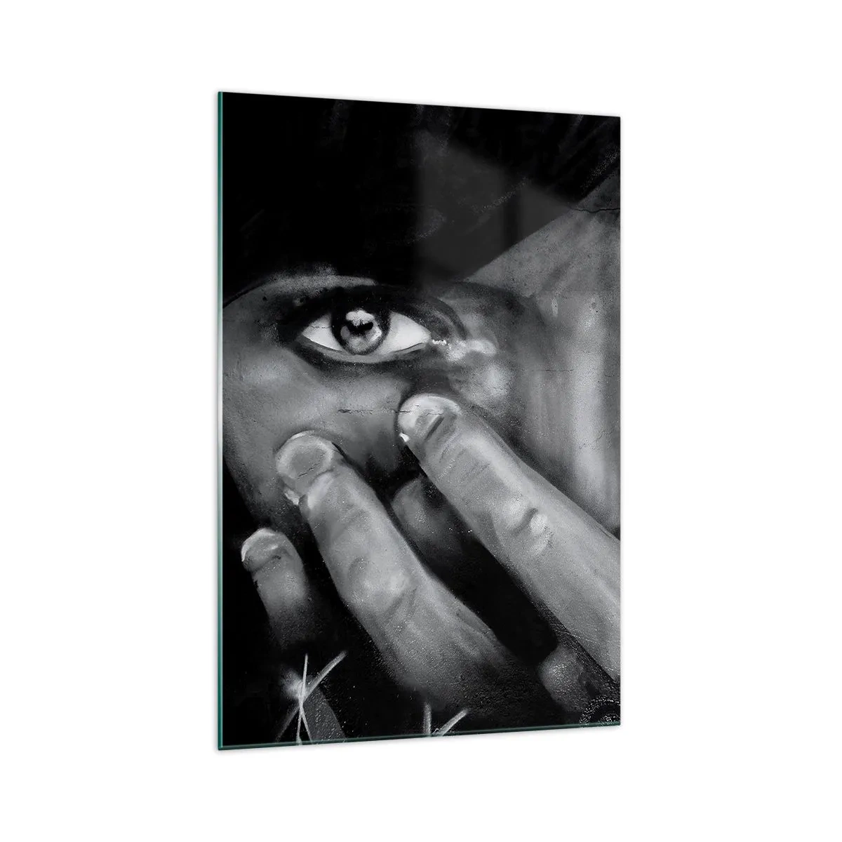 Cuadro sobre vidrio - Impresiones sobre Vidrio - Retrato en blanco y negro de una mujer cubriéndose la cara con las manos. - 70x100cm - No diré quién lo pintó - Decoración de pared moderna para salón y dormitorio ARTTOR