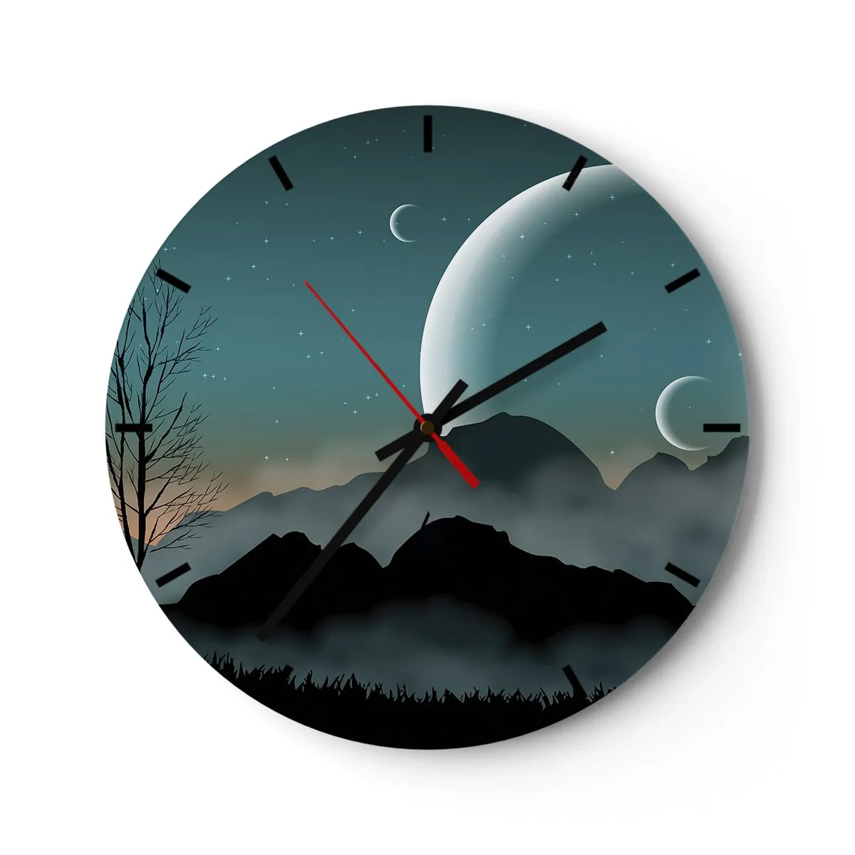 Reloj de pared - Reloj de vidrio - Un paisaje espacial con lunas y montañas. - 30x30cm - Un carnaval de noche estrellada - Decoración de pared moderna para salón, cocina y dormitorio ARTTOR
