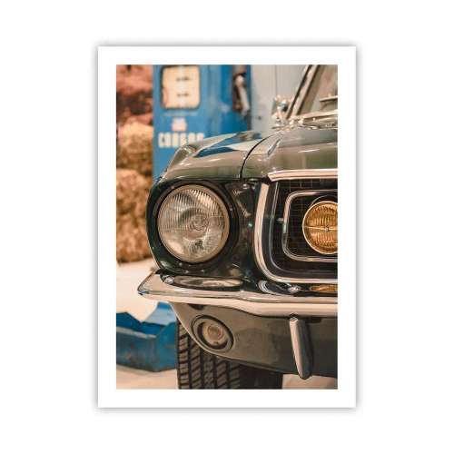 Póster - Primer plano de un faro de coche retro clásico - 50x70cm - Encuentro con una leyenda - Decoración de pared moderna para salón y dormitorio ARTTOR