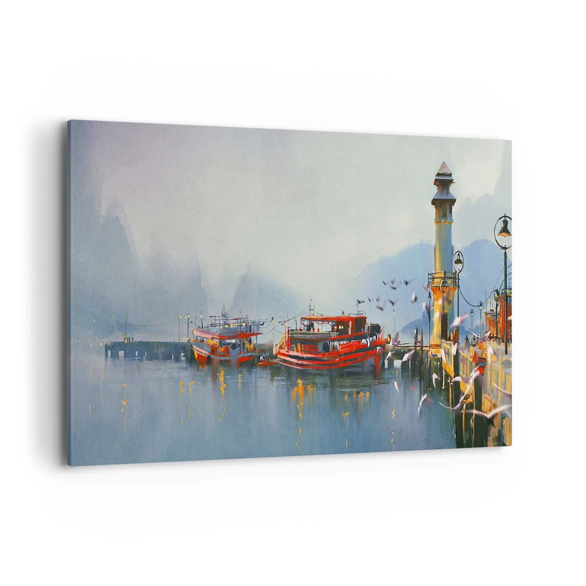 Cuadro sobre lienzo - Impresión de Imagen - Un puerto con barcos rojos rodeado de un paisaje brumoso. - 120x80cm - En el fin del mundo - Decoración de pared moderna para salón y dormitorio ARTTOR