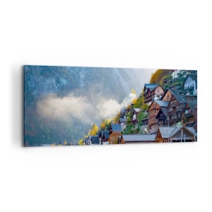Cuadro sobre lienzo - Impresión de Imagen - Un pueblo de montaña junto a un lago en un paisaje otoñal. - 120x50cm - Ambiente alpino - Decoración de pared moderna para salón y dormitorio ARTTOR