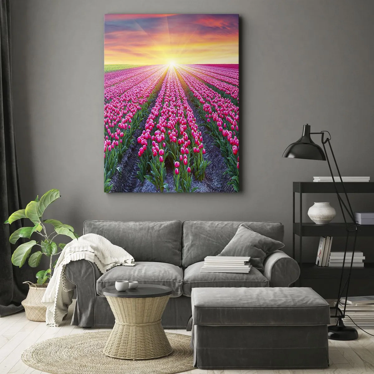 Cuadro sobre lienzo - Impresión de Imagen - Un campo de tulipanes al atardecer - 50x70cm - Granja de belleza - Decoración de pared moderna para salón y dormitorio ARTTOR
