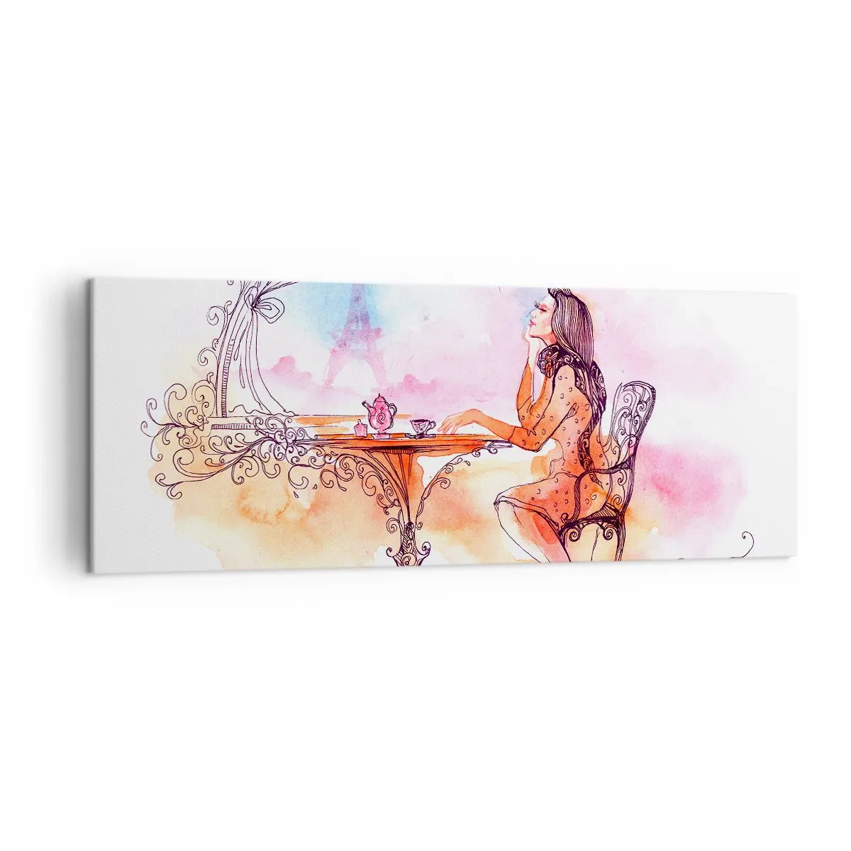 Cuadro sobre lienzo - Impresión de Imagen - Acuarela romántica de una mujer en un café con vistas a una torre. - 140x50cm - Estilo parisino - Decoración de pared moderna para salón y dormitorio ARTTOR