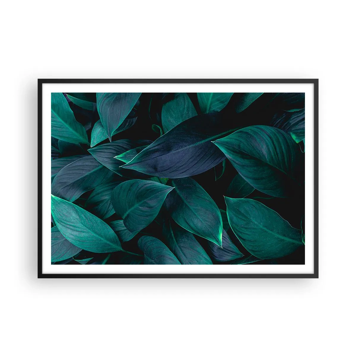 Póster en marco negro - Primer plano de hojas verdes con un fondo oscuro - 100x70cm - El propio verde - Decoración de pared moderna para salón y dormitorio ARTTOR