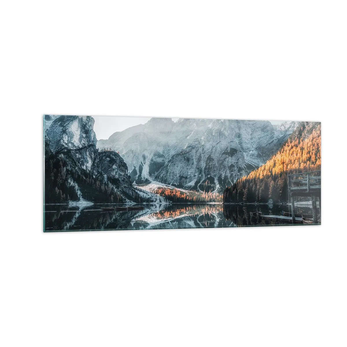 Cuadro sobre vidrio - Impresiones sobre Vidrio - Un paisaje de montaña reflejado en la tranquila superficie de un lago. - 140x50cm - Paisaje en el espejo - Decoración de pared moderna para salón y dormitorio ARTTOR