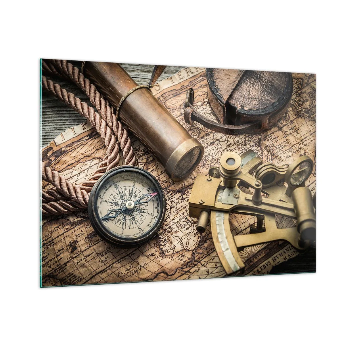Cuadro sobre vidrio - Impresiones sobre Vidrio - Brújula, mapa y ayudas para la navegación de estilo retro - 100x70cm - Establecer un rumbo - Decoración de pared moderna para salón y dormitorio ARTTOR