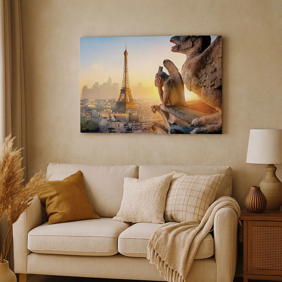 Cuadro sobre lienzo - Impresión de Imagen - Vista de la Torre Eiffel con gárgolas al fondo - 70x50cm - Ha cambiado tanto la ciudad... - Decoración de pared moderna para salón y dormitorio ARTTOR