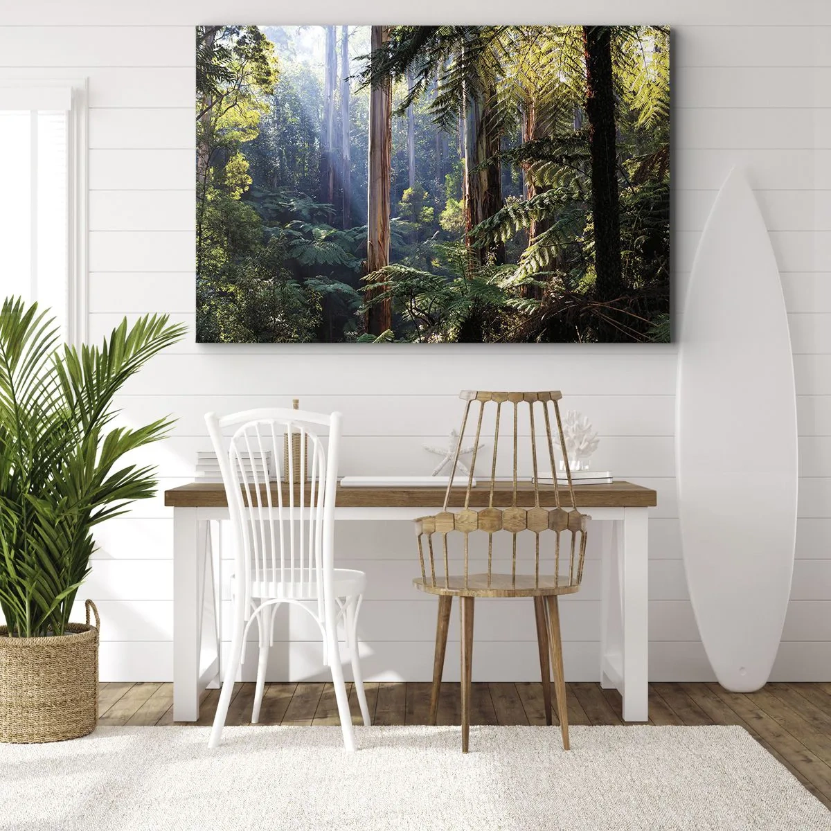 Cuadro sobre lienzo - Impresión de Imagen - Bosque tropical iluminado por los rayos del sol - 70x50cm - Un cuento de hadas del bosque - Decoración de pared moderna para salón y dormitorio ARTTOR