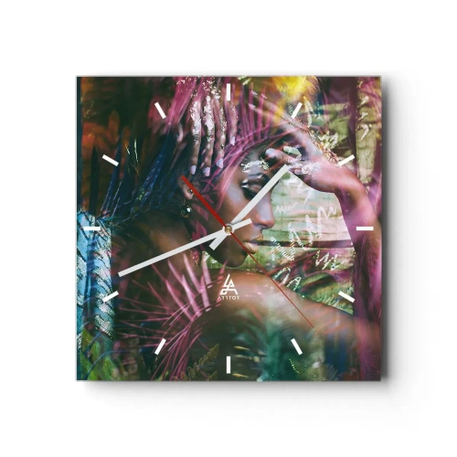 Reloj de pared - Reloj de vidrio - Retrato de una mujer rodeada de vegetación exótica. - 30x30cm - La madre naturaleza en la selva - Decoración de pared moderna para salón y dormitorio ARTTOR