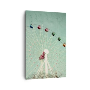 Cuadro sobre lienzo - Impresión de Imagen - Una noria colorida contra un cielo azul en estilo retro. - 80x120cm - Te invitamos a jugar - Decoración de pared moderna para salón y dormitorio ARTTOR