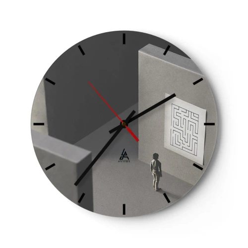 Reloj de pared - Reloj de vidrio - Una figura parada frente a un laberinto en una pared gris. - 30x30cm - ¿Pero dónde estoy? - Decoración de pared moderna para salón, cocina y dormitorio ARTTOR