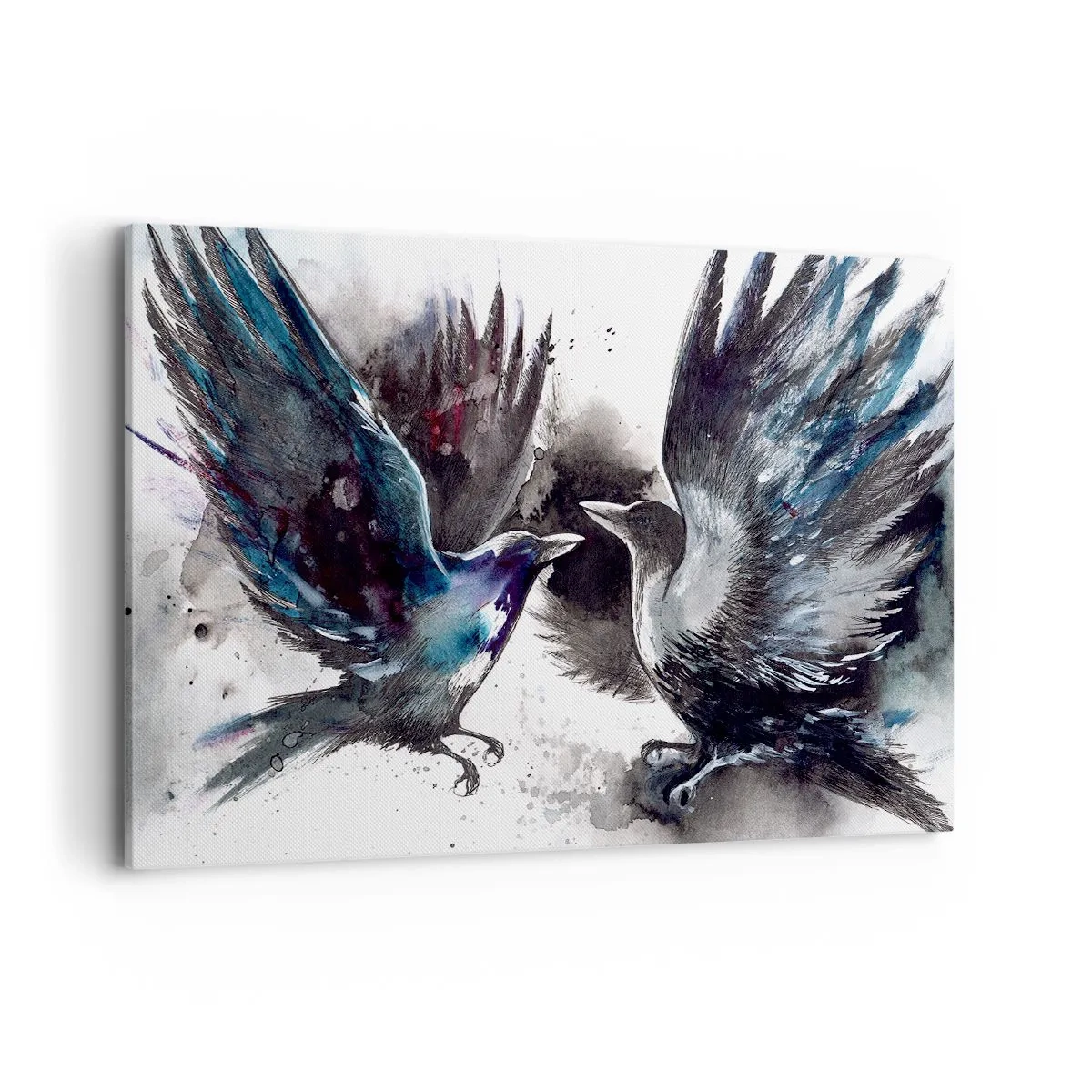 Cuadro sobre lienzo - Impresión de Imagen - Cuervos artísticos en una composición dinámica de acuarela. - 120x80cm - De cuervo a cuervo... - Decoración de pared moderna para salón y dormitorio ARTTOR