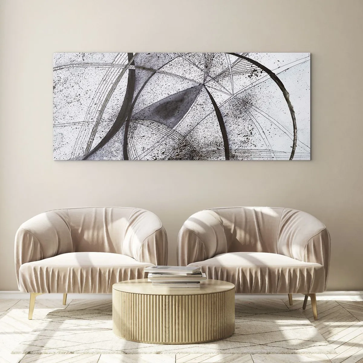 Cuadro sobre vidrio - Impresiones sobre Vidrio - Líneas y formas abstractas en tonos de gris y negro. - 160x50cm - Fantasía futurista - Decoración de pared moderna para salón y dormitorio ARTTOR